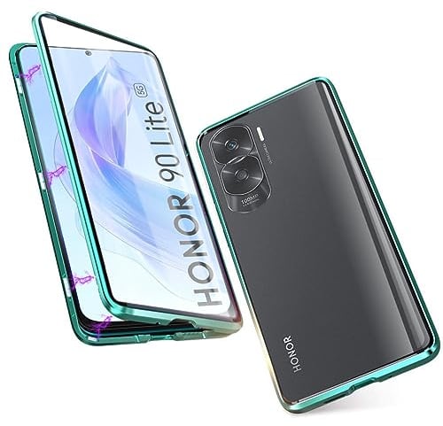 Handyhülle für Honor 90 Lite 5G (6.7), [Metall Rahmen] Hülle Magnetisch [Doppelseitig 9H Glas] Aluminium Bumper Magnet Case Kratzfeste 360 Schutzhülle, Grün