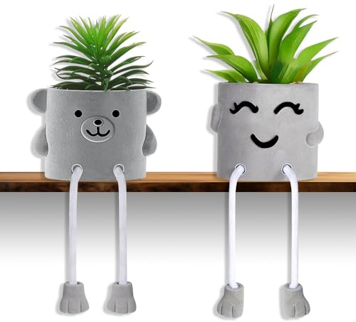 Duscdesp 2 Stück Künstliche Pflanzen im Topf, Mini Blumentopf mit Gesicht, Sukkulenten Kunstpflanze Klein mit Hängendem, Emotional Zement Topfpflanze Innen für Fensterbank Bücherregal Deko (Bär)