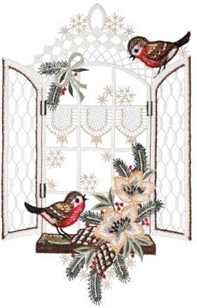 Fensterbild Winterfenster farbig 20 x 32 cm aus Plauener Spitze Fensterdeko Fensterschmuck Bilder Handarbeit Deko Fenster
