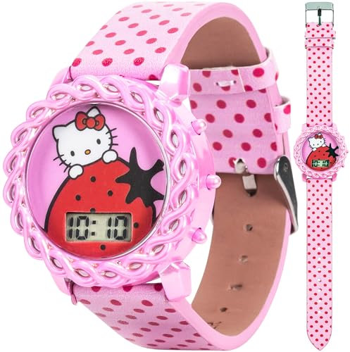 Accutime Hello Kitty Digitale LCD-Quarz-Armbanduhr für Mädchen, mit Punktemuster, Armband (Modell: HK4190AZ), Pink, Digitale Armbanduhr
