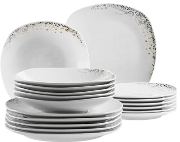 Mäser Space Dust, Tellerset für 4 Personen mit reduziertem Punkt-Design, 18-tlg. Geschirr Set mit flachen Tellern, tiefen Tellern und Desserttellern, Porzellan, Weiß