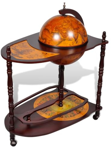 KOIECETA Eukalyptusholz Globusbar mit Tisch Bartisch Rollen Freistehend Weltkugel Minibar Hausbar Dekobar Tischbar Barwagen Deko (Braun)