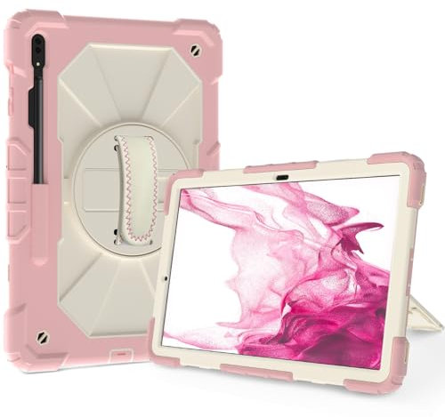 Juaupepo Coque robuste pour Samsung Galaxy Tab S8 Plus/S7 FE/S7 Plus 12,4, coque hybride portable anti-chocs avec poignée auto-agrippante rotative à 360°, bandoulière (rose)