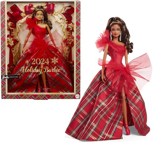 Barbie Holiday Puppen, saisonales Sammlergeschenk, Signature, Kariertes Kleid mit roter Schleife, vorzeigbare Verpackung, hellbraunes Haar, HRM67