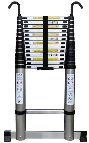 HUIYOPU Telescopic Ladder 4.9M/16FT, Aluminium Loft Ladder Extendable with hooks and stabiliser, Max Load 150kg/330lb, Adjustable Step, Used for Daily Maintenance, Building, Camping, etc.