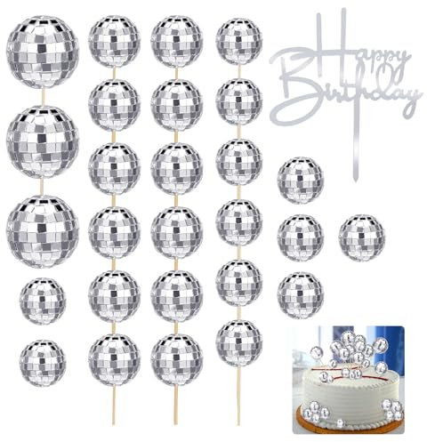 Lvefyti 28 Stück Disco Ball Cupcake Toppers, Discokugel Kuchen Toppers, 1970S Disco Ball Cupcake Dekorationen Discokugel Deko Tortendeko Spiegelkugel für Geburtstags 70er 80er 90er Party