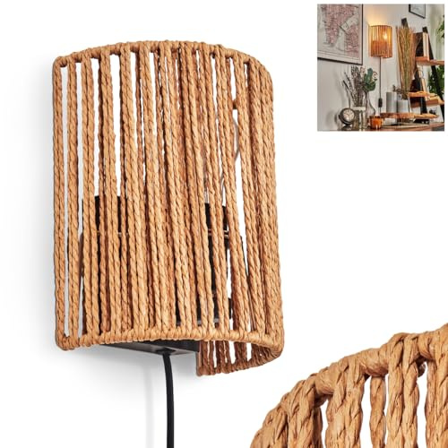 Wandleuchte Colmeal, Wandlampe aus Metall/Seil/Tau in Schwarz/Natur, Leuchte im Boho-Design, Wandleuchte mit Stecker und Schalter, abnehmbares Kabel, UP & Down Lichteffekt, 1 x E27, ohne Leuchtmittel