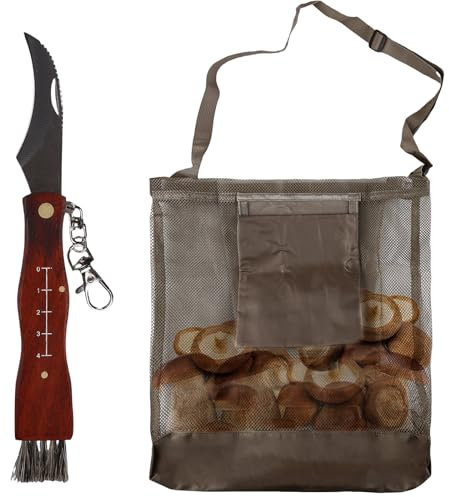 Pilzmesser mit Bürste und Lineal, Tragbares Schwammerlmesser mit Pinsel, Faltbare Pilzsammeltasche mit Großer Kapazität, Pilzbürste, Pilz Klappmesser mit Holzgriff, für Garten, Outdoor, Geschenk