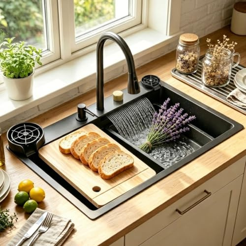 DSMRLEOP 65x50cm Fregadero de cascada de acero inoxidable negro, 1 cuenco, fregadero de cocina multifuncional con grifo de alta presión, juego completo de accesorios y opciones de instalación versátil