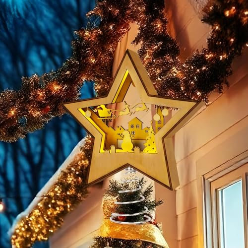 Puntale per albero di Natale illuminato, stella 3D in legno per presepe per albero di Natale, set di decorazioni per albero di Natale, decorazione per albero di Natale con luci