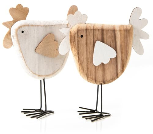 Logbuch-Verlag 2 Hühner aus Holz Ostern Natur weiß Figuren Holz zum Hinstellen Osterdekoration Hühner Paar 16 cm