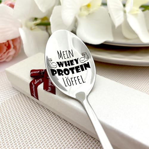 Whey Protein Löffel für Fitness und Sport, Edelstahl Geschenklöffel mit Spruch, lustiges Lächeln Schaufel Geschenk