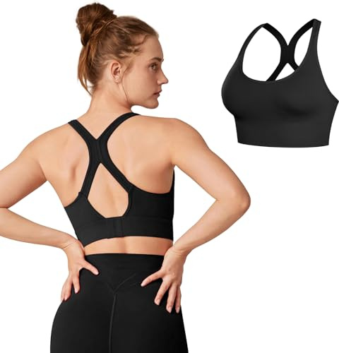 Risipu Women Racerback Sports Bra High Impact Padded Seamless Activewear Bras for Yoga Gym Workout Fitness (L, Black)