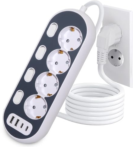 DKTYGER Mehrfachsteckdose mit USB, 4 Fach Steckdosenleiste, Ecksteckdose Ecke 4 USB mit Schalter, Steckdose mit 2 USB und 2 USB C, 8 in 1 Überspannungsschutz mit 2M Kabel für Küchenzeile, Home, Office