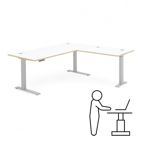 MEMPHIS Eckschreibtisch elektrisch höhenverstellbar Weiß Artisan Eiche | 185/100 x 64-129 x 77/67 cm (B/H/T), Bürotisch mit Memory-Funktion, Metallgestell in Silber, Kabeldurchführungen