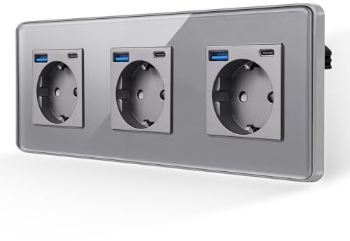 JIMEIDA 3 enchufes grises, placa de cristal curvada 2,5D, 16 A, enchufes Schuko con puerto USB-A y tipo C 2.1 A, empotrado, protección de contacto, enchufe de pared, 228 x 86 mm, 250 V