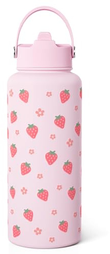 Strawberry Water Bottle 32oz Stainless Steel with Lid & Straw, Insulated Bottles for Women Girls, Gifts Ideas for Birthday Christmas