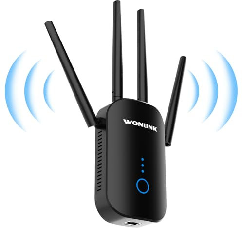 Ripetitore WiFi Potente per Casa, 1200Mbps WiFi Extender 5GHz & 2,4GHz Dual Band Amplificatore wifi Supporta Modalità Ripetitore/Router/AP, Ripetitori con WPS, Porta Ethernet, 4 Antenne (Nero)