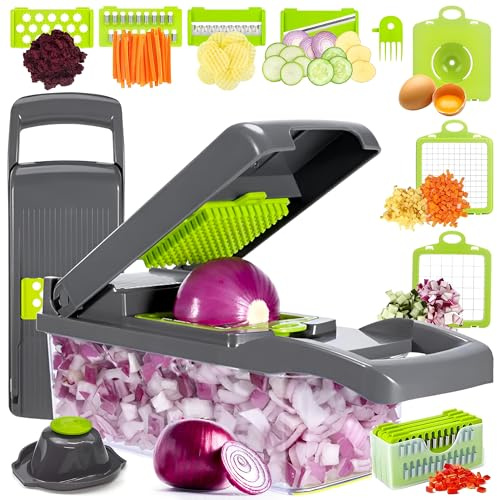 15 in 1 Vegetable Chopper and Mandoline Slicer - 8 Interchangeable Blades - Onion, Salad, Veg Chopper and Dicer - Quickly and Safely Chops Fruits - Veg Slicer