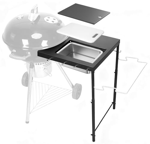 Upgraded Grilltisch für Weber Kettle 55.9 cm/45.7 cm/66.0 cm, Master Touch 55.9 cm, Smokey Mountain, Recteq Pellet Grill RT-B380, Prep Station mit Schneidebrett, Becken, 4 Haken, Ablage für Weber