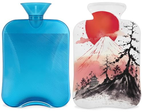 Entemne 2L Hot Water Bottle Japan Traditional Sun Fuji Mountain Art Painting Hot Water Bag with Cover Reusable Therapy Bag for Pain Relief Menstrual Cramps, Muscle Soreness Winter Warmth Gift