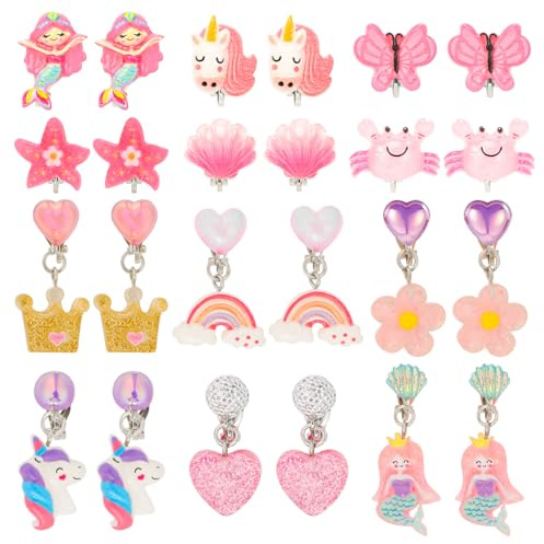 12 Paar Clip Ohrringe Mädchen, Einhorn Klipp Ohrringe Schmetterling Ohrclips Meerjungfrauen Ohrklipser Niedliches Ohrclips Set Schmuck Geschenk für Mädchen