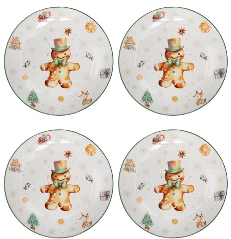 Carousel Home Set of 4 Gingerbread Christmas Side Plates | Ceramic Festive Tableware for Snacks, Desserts & Holiday Cheer - 19cm