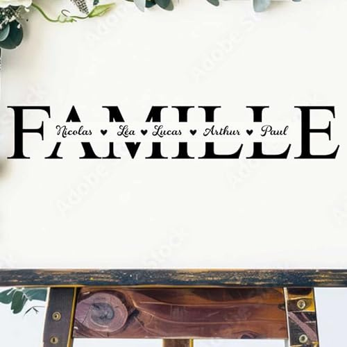 Sticker Mural FAMILLE Personnalisé – 55×8,7 cm | Jusqu'à 5 Prénoms avec Cœurs ou Points, Décoration Murale Vinyle, Noir/Blanc/Or/Argent, Salon, Entrée, Mariage
