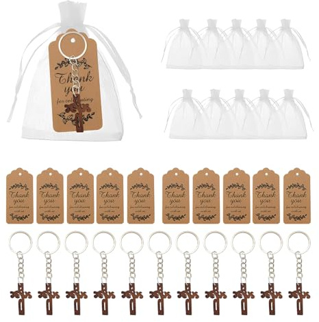 ROKZELT 10 Set Croix Ange Gardien Porte-clés + Sac à Bonbons Transparent + Étiquette Cadeau de remerciement pour la Fête de Noël, cadeaux de mariage, Decoration bapteme, fête prénatale, prénuptiale