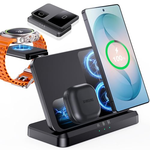 EGV Induktive Ladestation für Samsung – 3-in-1 Wireless Charger kompatibel mit Galaxy S26 Ultra/S25/S24, Z Fold/Flip 7/6, Buds, Abnehmbares Ladegerät für Galaxy Watch Ultra/8/7, Kein Adapter