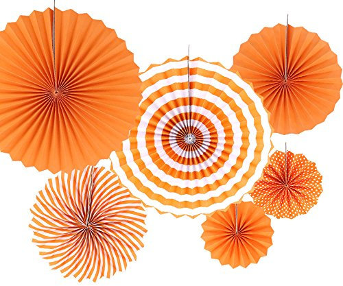 Time to Sparkle 6pcs Mix Hanging Paper Flowers Party Fan Tissue Paper Fan Festival Party Wedding Home Birthday Decor, 6X Fan-Orange