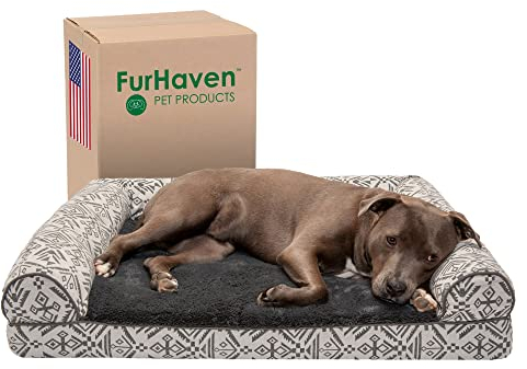 Furhaven Large Orthopedic Dog Bed Plush & Southwest Kilim Decor Sofa-Style w/Removable Washable Cover - Boulder Gray, Large