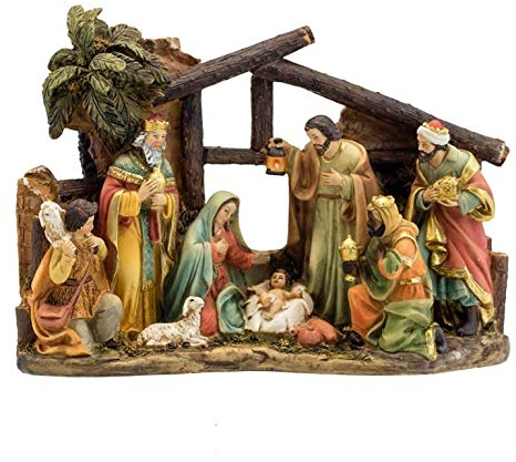 DRW Klassische Weihnachtskrippe mit Palme und König aus 1 Stück Kunstharz, 17 cm
