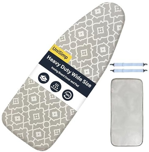 UniSimp® Ironing Board Cover and Pad Up To 125x45 cm, Extra Wide, 100% Heat Resistance Natural Cotton, Extra Thick Padding, Nose Pocket Smart Fit, Chemical-Free, Machine Washable (Geometric Print)