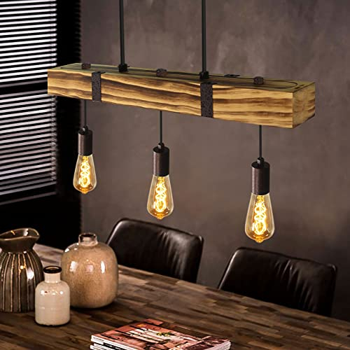 GBLY Pendelleuchte Esstisch aus Holz Vintage Hängelampe Retro Esszimmerlampe in 61CM Holzbalken - 3 x E27 max. 25W - Höhenverstellbar Industrial Pendellampe für Restaurant Bar Esszimmer Wohnzimmer