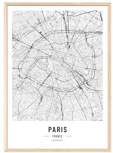 JUNOMI® Paris Poster DIN A2 mit Rahmen Natur, DIN A2 Wohnzimmer Deko, Modernes Wandbild, Paris Bild, Wandbild mit Rahmen, Stadtplan Poster Paris