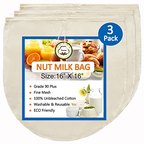 3 Pack 16x16 Nut Milk Bag for Straining, 100% Unbleached Cotton Cloth, Reusable Cheesecloth, Strainer for Almond/Oat/Soy Milk, Cold Brew Coffee, Filter Bag for Cheese/Yogurt/Juice/Wine/Soup/Herbs