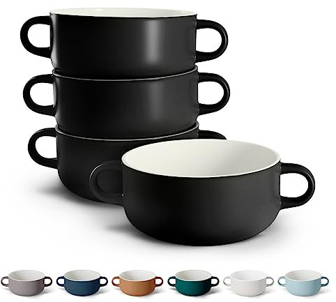 Kook Soup Crocks, Ceramic Bowls, Broil, Oven, Microwave and Dishwasher Safe, with Handles, For Casserole, Pasta, Cereal, 20 oz, Set of 4 (Black)