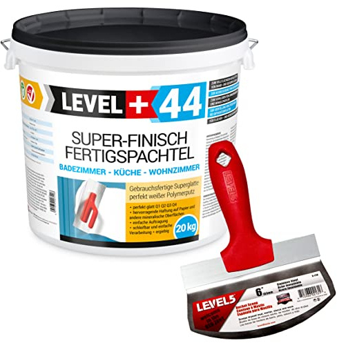 Level +44 Super Finish Spachtelmasse Weiß Innen für Wand & Decke - 20 kg | Gebrauchsfertige Polymer-Fertigspachtel, Q4 Glättspachtel für Perfekt Glatte Oberflächen für Beton & Putz mit Eimerschaber