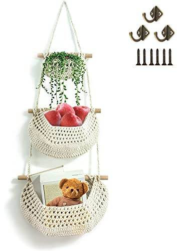 Jinavoty Hängender Obstkorb, 3 Tier über der Tür Korb, Handmade Woven Jute Wand hängende Körbe für Küche, Wohnen & Bad Schlafzimmer (Weiß)