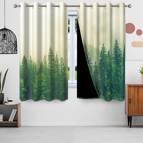 Gardinen Waldmotiv, Uiioooazy Vorhänge Blickdicht Grün Blätter Pflanzen Baum Motiv Thermovorhang Polyester Schattierungsvorhänge Verdunkelungsvorhänge mit Ösen für Schlafzimmer Wohnzimmer, 140x225cm