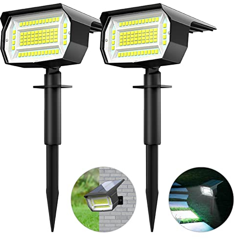LOTMOS Luces Solares LED Exterior Jardin [2 Paquete/72LED] Focos LED Exterior Solares, Impermeable IP65 Luz Solar Potente Foco Lampara Solar Jardin Exteriores Suelo (Blanco Frio)