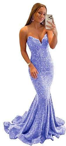 Basgute Robe de soirée sirène à paillettes pour femme - Longue robe de soirée sexy sans bretelles et col en V, lilas, 42