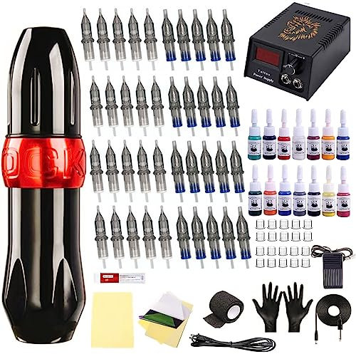 Professionelles Tattoo Machine Set, 40 Stück Nadelkartuschen, 14 Farben Tattoo-Tinten-Set, rotierendes Tattoo-Maschinen-Stift-Set, komplettes Tattoo-Stift-Set mit LED-Tattoo-Netzteil