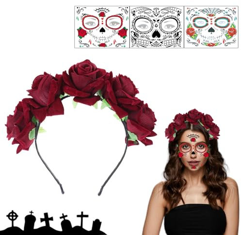 IWTBNOA Haarreif mit Blumen, Tag der Toten Haarreif Halloween mit 3 Temporäre Gesicht Tattoos, Halloween Haarreif mit Blumen, Dia de los Muertos Stirnband, Mexikanischen Blumen Kronen für Mottoparty