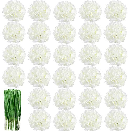 HinyoCo 28 Stück große Hortensien aus Seide, künstliche Blumen, 20,3 cm, Hortensienkopf mit Stiel, verwendet für Zuhause, Hochzeit, Party-Dekoration (weiß)
