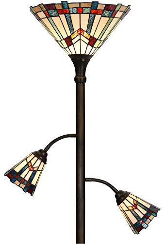 Bieye Lampadaire torche style Tiffany à 3 lumières avec lampes de lecture réglables pour salon, 178 cm de hauteur (Blanc, Mission)