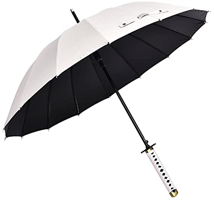 Samurai-SchwSamurai-Schwert Regenschirm mit langem Griff,Golfschirm,Fiber Ribs(16 Bone),105cm/41 Durchmesser, geeignet für 1 oder 2 Personen,manuell,schwarz/weiß (White-D)