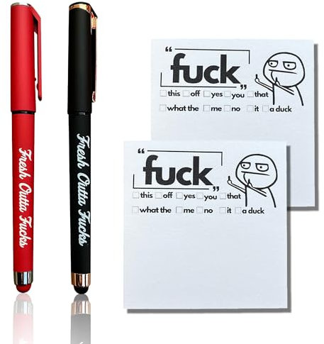 Fresh Outta Fucks Pad and Pen, Funny Pens Small Sticky Notes, Rude Pens and Sticky Notes Set, Novelty Notepads Office Supplies Desk Accessories, Christmas Gifts for Friends Colleagues Boss Black+Red