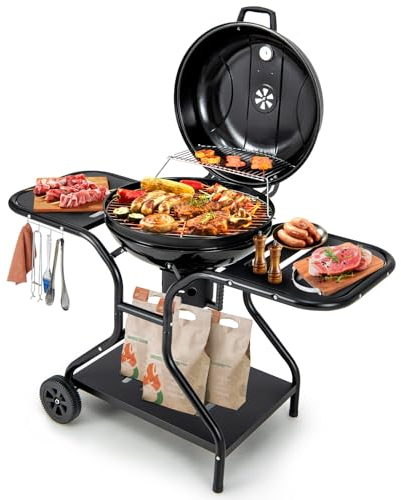 KOMFOTTEU Barbacoa de Carbón con Ruedas Portátil, Parrilla de Carbón con Tapa φ57cm y Termómetro, Parrilla de Barbacoa con Recolector de Cenizas, Estante y Elevador de Parrilla, 134 x 64 x 97 cm